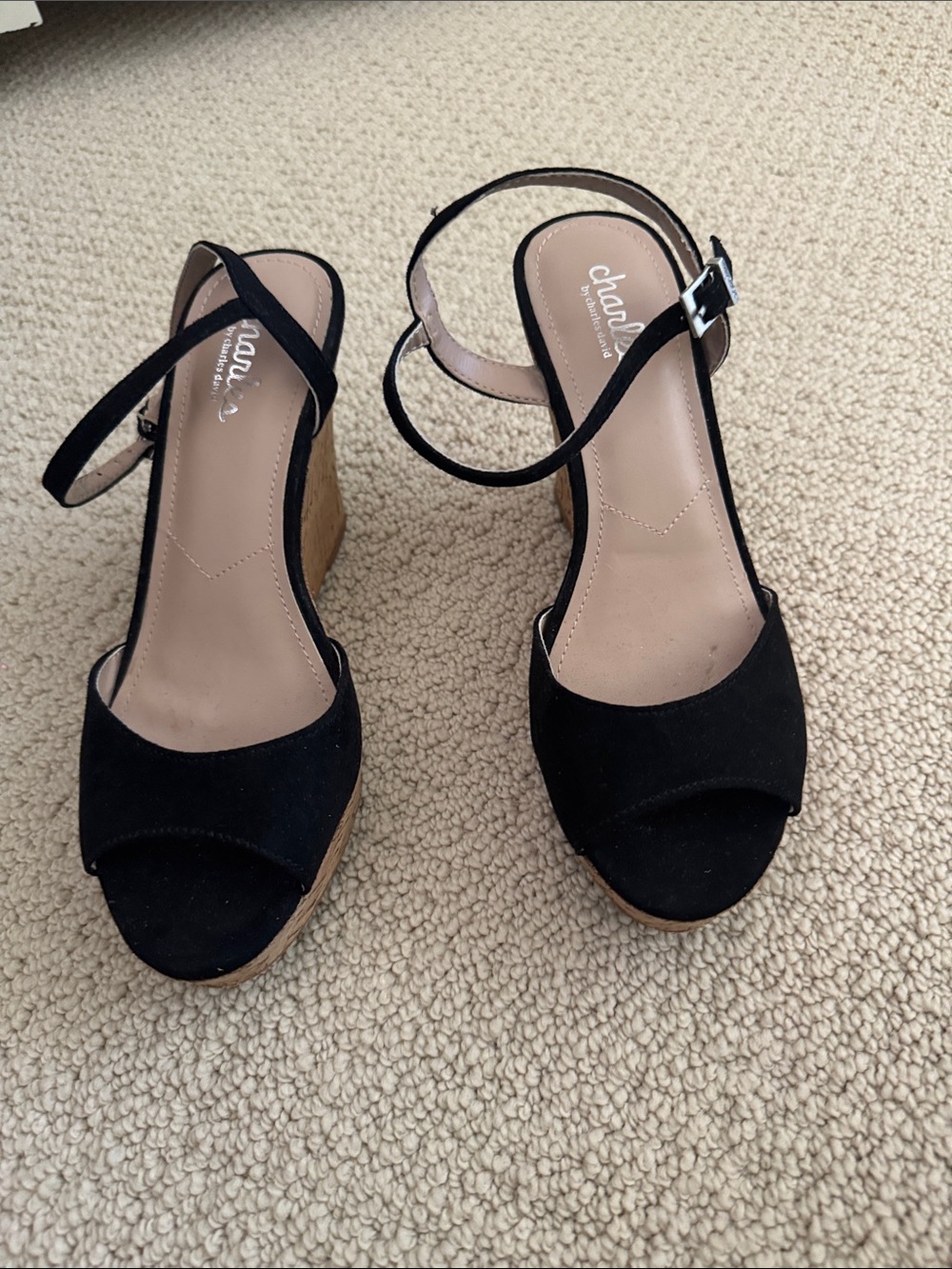 Charles by Charles David Black Suede Wedge Sandals with Ankle Strap